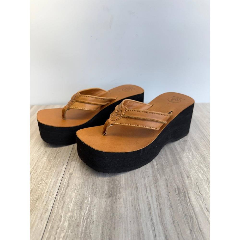 Rare Y2K Reef Vintage 8 Brown Leather Chunky Platform Thong Sandals Flip Flops